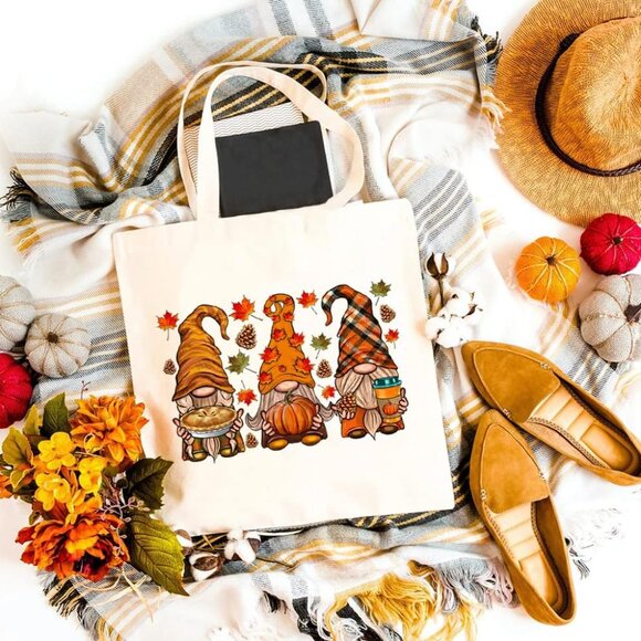 Cute Fall Gnomes Canvas Tote Bag for Women Aesthetic Autumn Leaves Pumpkin Reusa - Picture 2 of 5